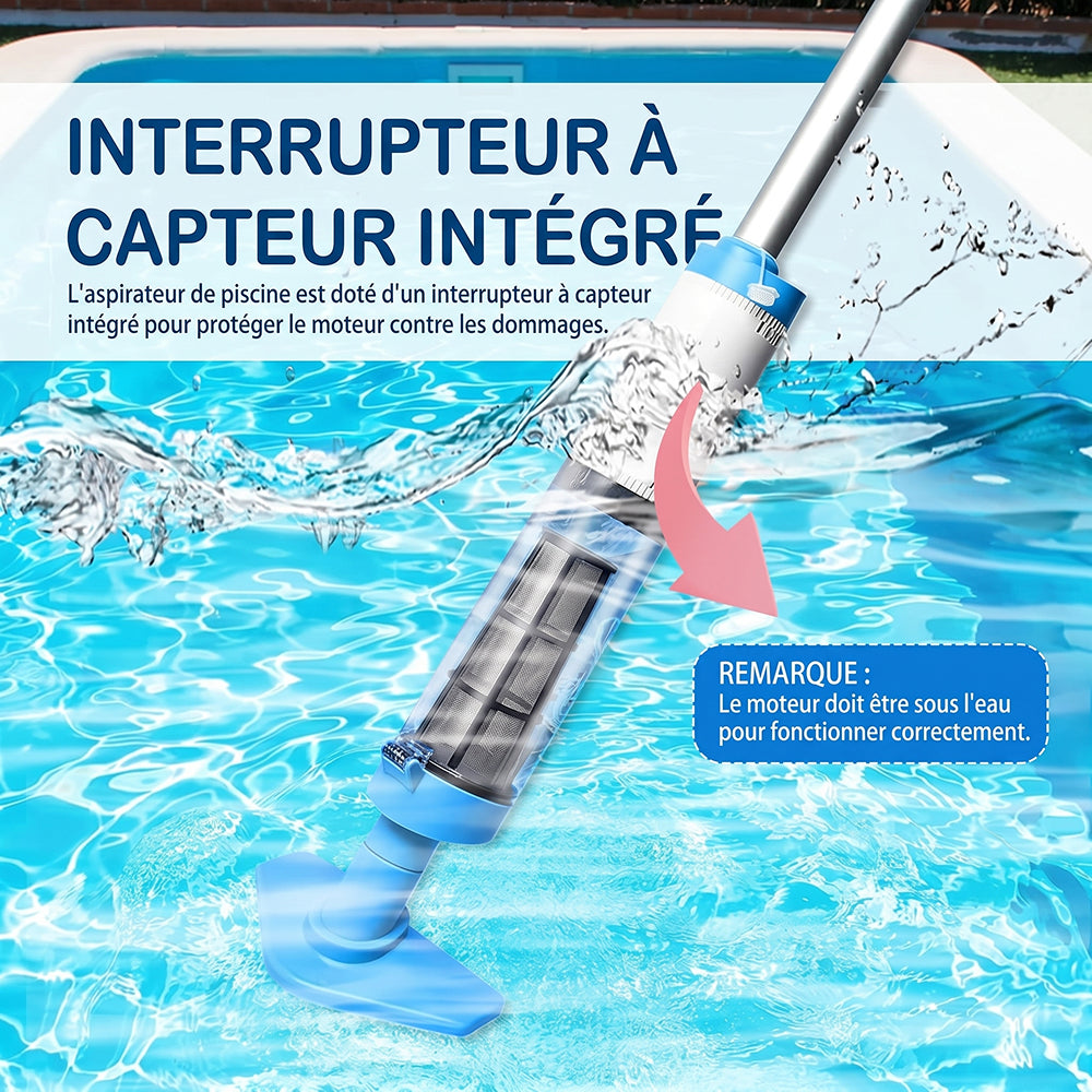 Aspirateur piscine sans fil pour fond et parois – AquaVacim débit 20 L/min, autonomie 90 min, manche télescopique 1,8 m, IPX8 et 3 têtes de brosse