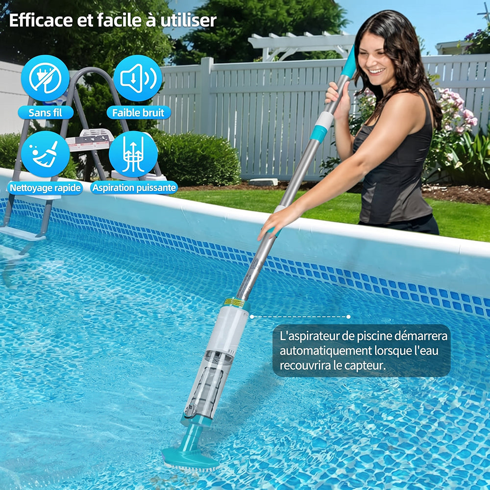 Aspirateur piscine sans fil pour fond et parois – AquaVacim débit 20 L/min, autonomie 90 min, manche télescopique 1,8 m, IPX8 et 3 têtes de brosse