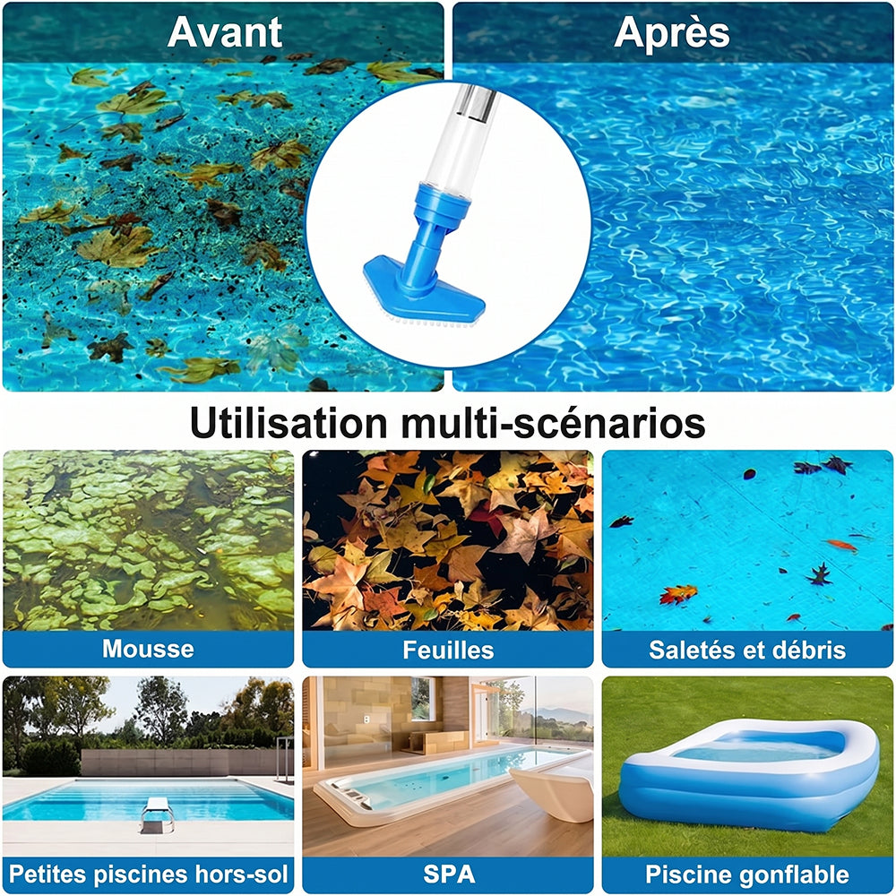 Aspirateur piscine sans fil pour fond et parois – AquaVacim débit 20 L/min, autonomie 90 min, manche télescopique 1,8 m, IPX8 et 3 têtes de brosse
