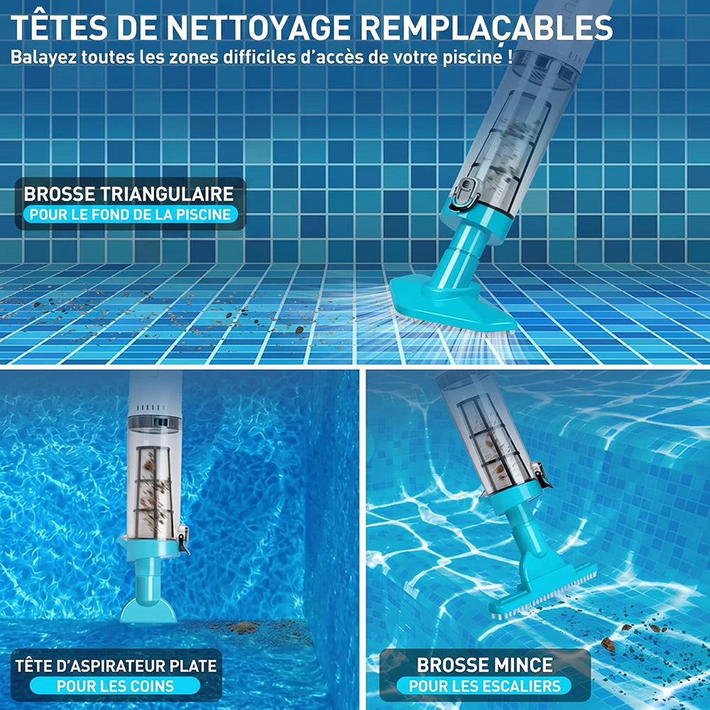 Aspirateur piscine sans fil pour fond et parois – AquaVacim débit 20 L/min, autonomie 90 min, manche télescopique 1,8 m, IPX8 et 3 têtes de brosse