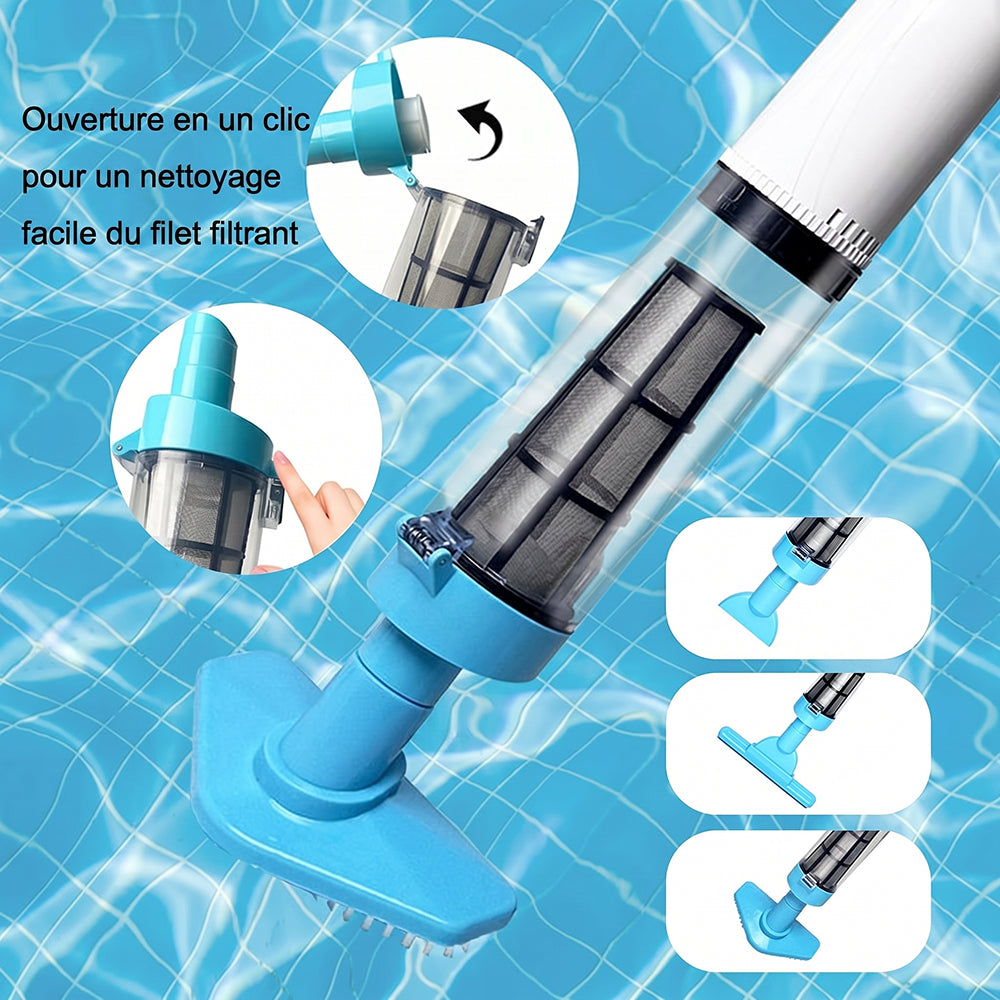Aspirateur piscine sans fil pour fond et parois – AquaVacim débit 20 L/min, autonomie 90 min, manche télescopique 1,8 m, IPX8 et 3 têtes de brosse