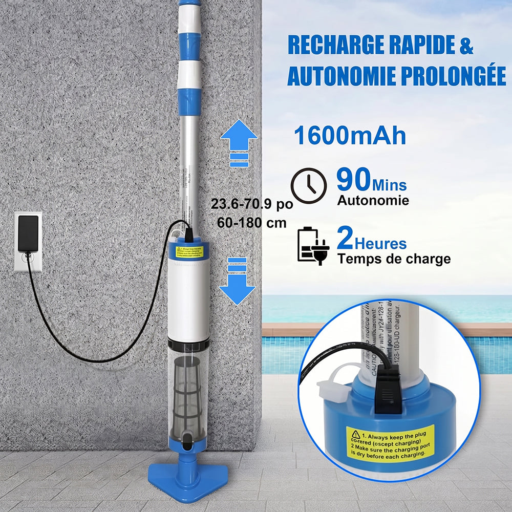 Aspirateur piscine sans fil pour fond et parois – AquaVacim débit 20 L/min, autonomie 90 min, manche télescopique 1,8 m, IPX8 et 3 têtes de brosse