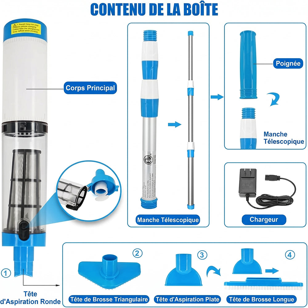 Aspirateur piscine sans fil pour fond et parois – AquaVacim débit 20 L/min, autonomie 90 min, manche télescopique 1,8 m, IPX8 et 3 têtes de brosse
