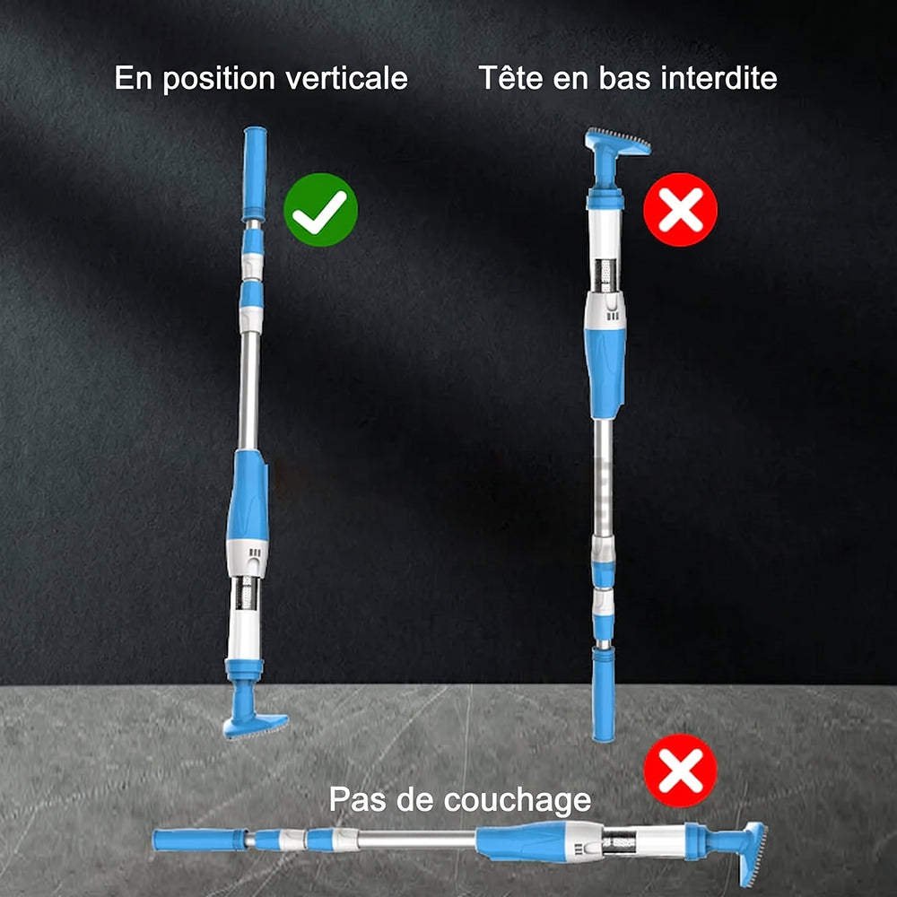 Aspirateur piscine sans fil pour fond et parois – AquaVacim débit 20 L/min, autonomie 90 min, manche télescopique 1,8 m, IPX8 et 3 têtes de brosse