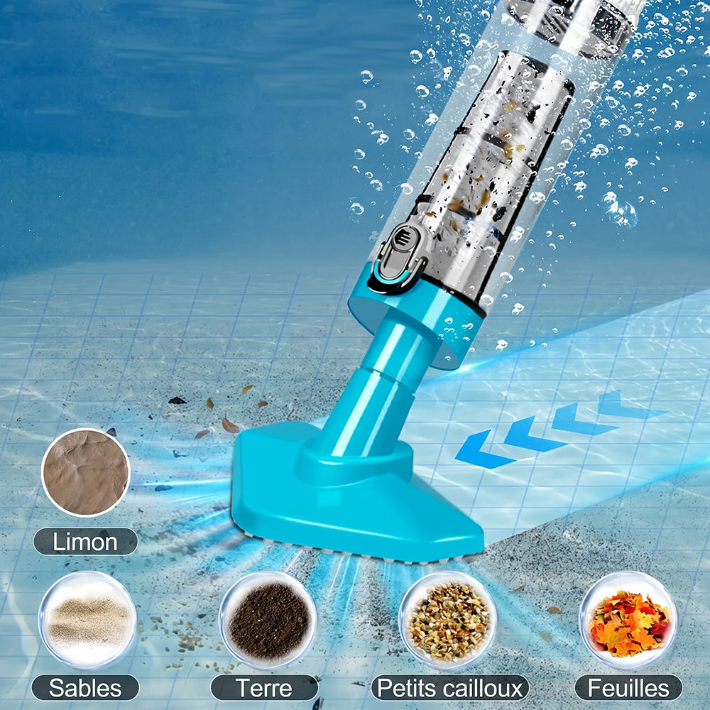 Aspirateur piscine sans fil pour fond et parois – AquaVacim débit 20 L/min, autonomie 90 min, manche télescopique 1,8 m, IPX8 et 3 têtes de brosse