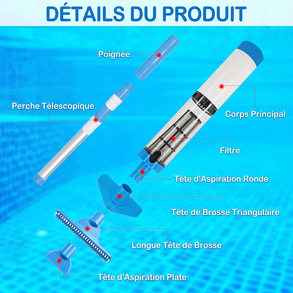 Aspirateur piscine sans fil pour fond et parois – AquaVacim débit 20 L/min, autonomie 90 min, manche télescopique 1,8 m, IPX8 et 3 têtes de brosse