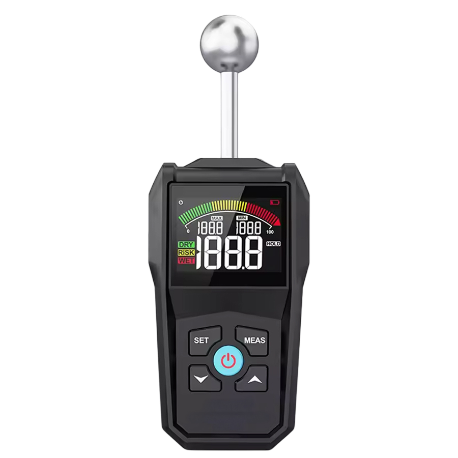 Moistikor sonde sphérique 20–40 mm, écran couleur, alarmes réglables, MAX/MIN et multi-matériaux