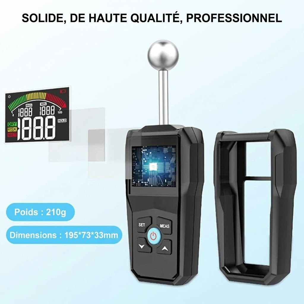 Moistikor sonde sphérique 20–40 mm, écran couleur, alarmes réglables, MAX/MIN et multi-matériaux