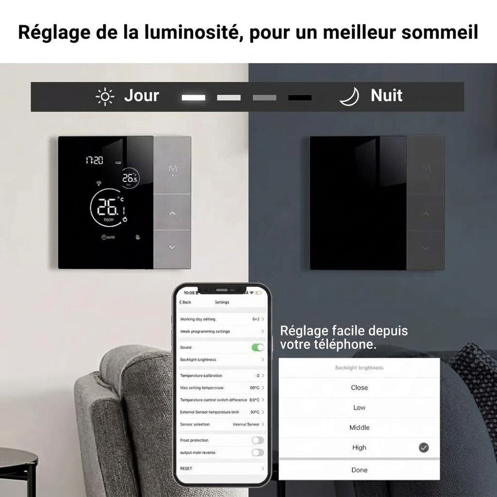 Naresync contrôle via Smart Life/Tuya, Alexa, Google Assistant, précision ±0,5 °C et programmation