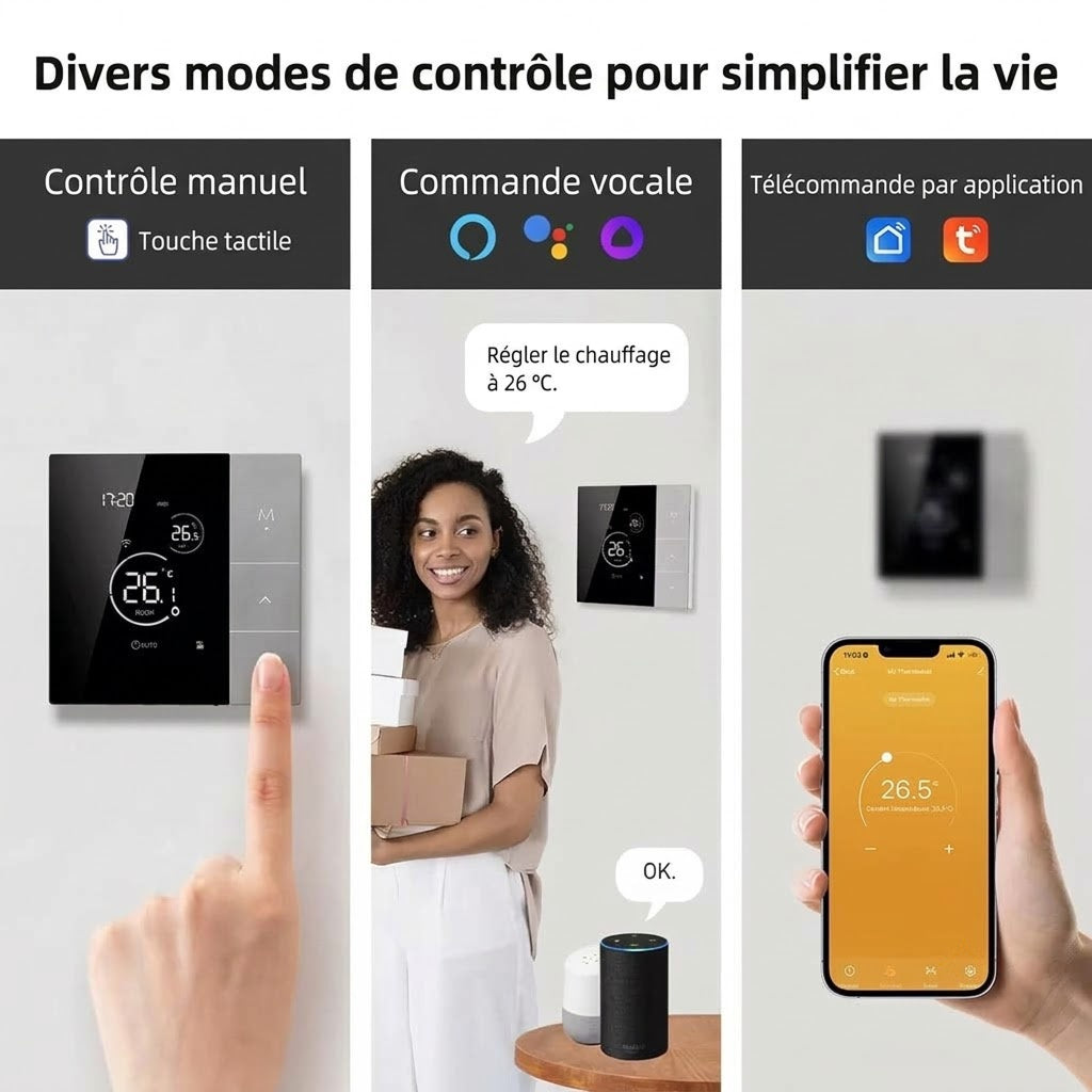 Naresync contrôle via Smart Life/Tuya, Alexa, Google Assistant, précision ±0,5 °C et programmation